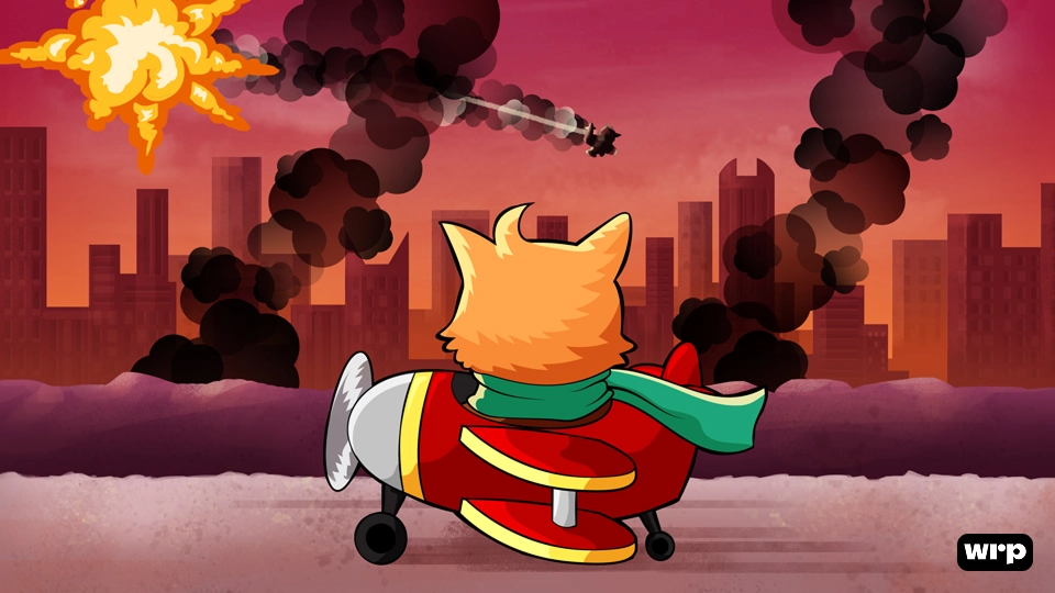 Cartoon cat flying a red airplane with green scarf toward a city skyline with explosions and black smoke.