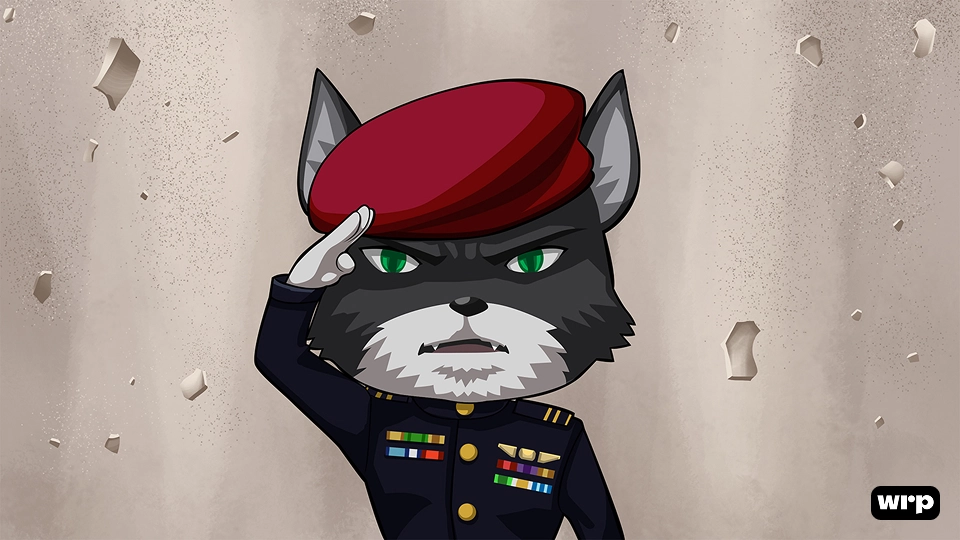 Cartoon black and gray cat with green eyes saluting, wearing a red beret and decorated navy uniform.