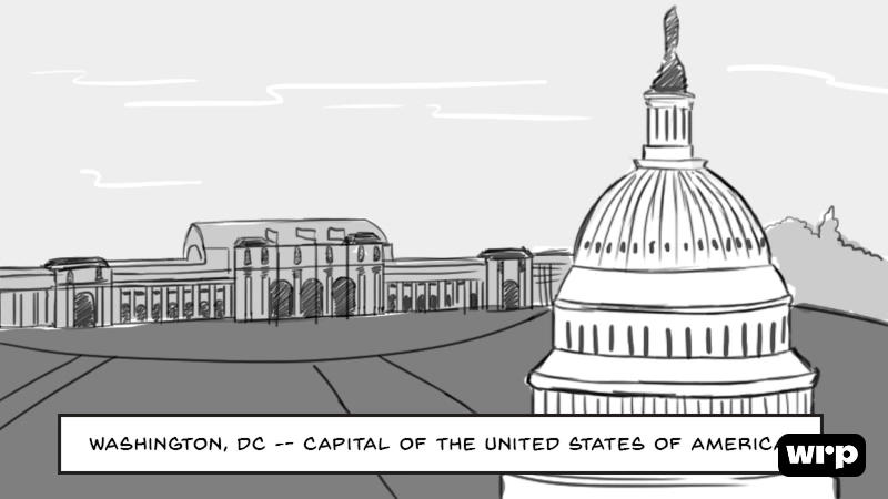 Black and white sketch of the U.S. Capitol building in Washington, DC with caption text below.