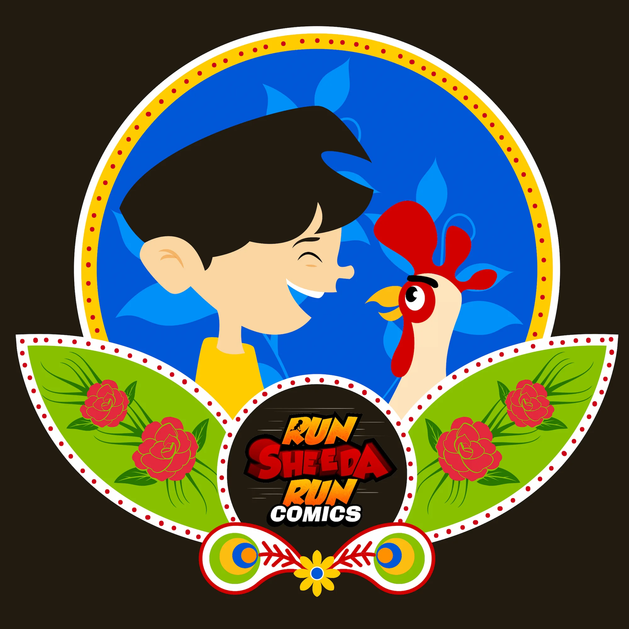 Cartoon boy smiling at a rooster inside a circular blue frame with floral accents and Run Sheeda Run Comics logo.