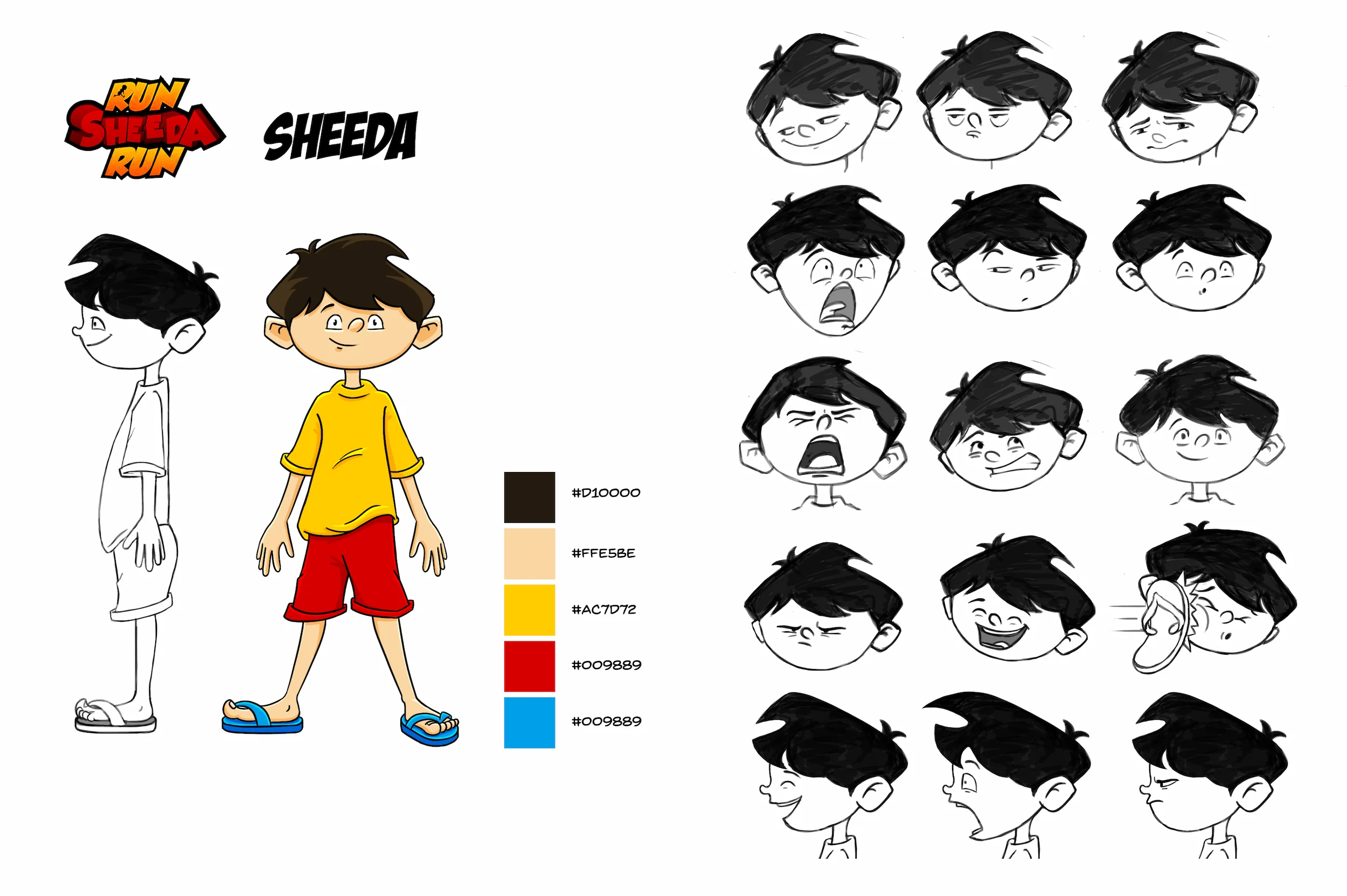 Character sheet for Sheeda with front and side views and various expressive facial sketches.