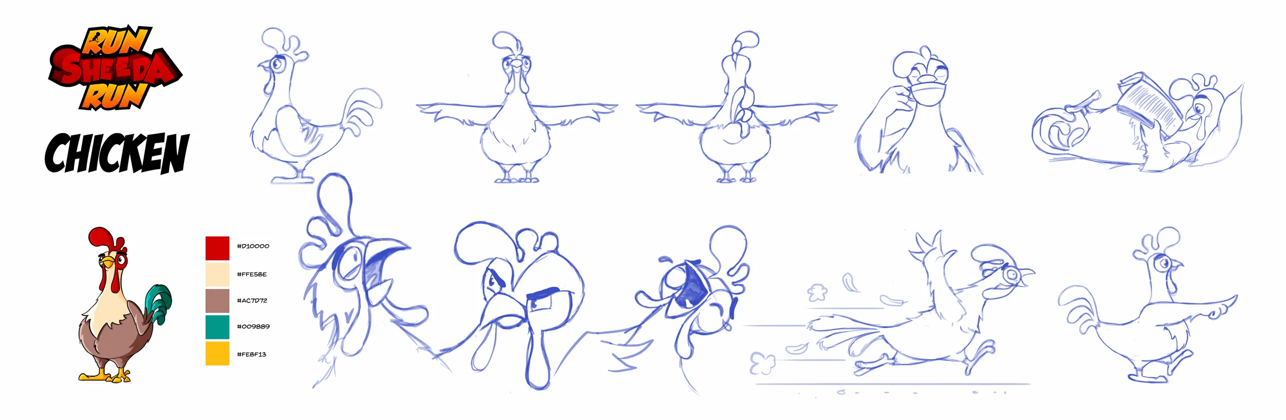 Character sheet of a cartoon chicken showing multiple poses, emotions, and a color palette.