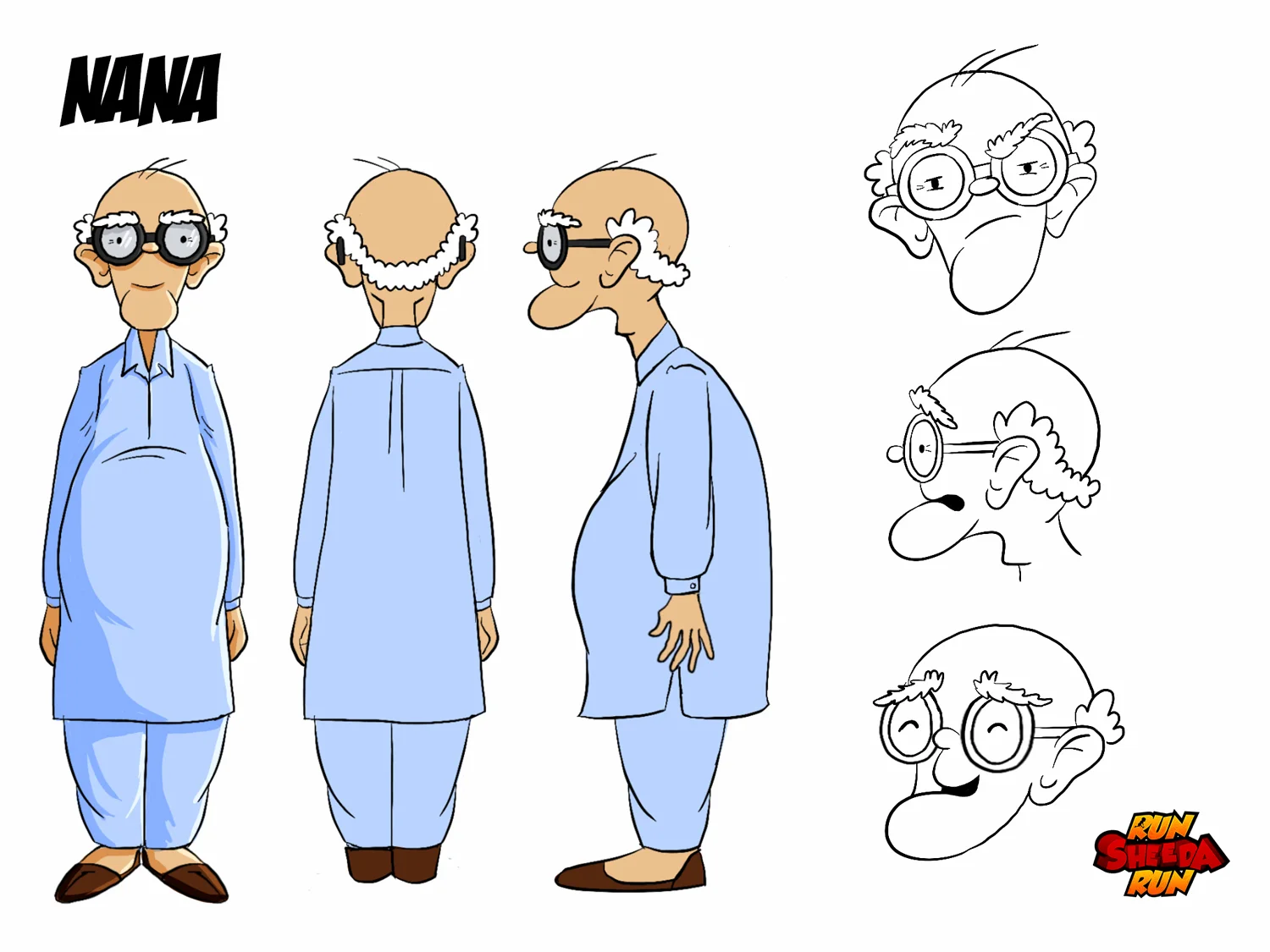 Cartoon character Nana shown front, back, and side views wearing blue outfit and glasses.