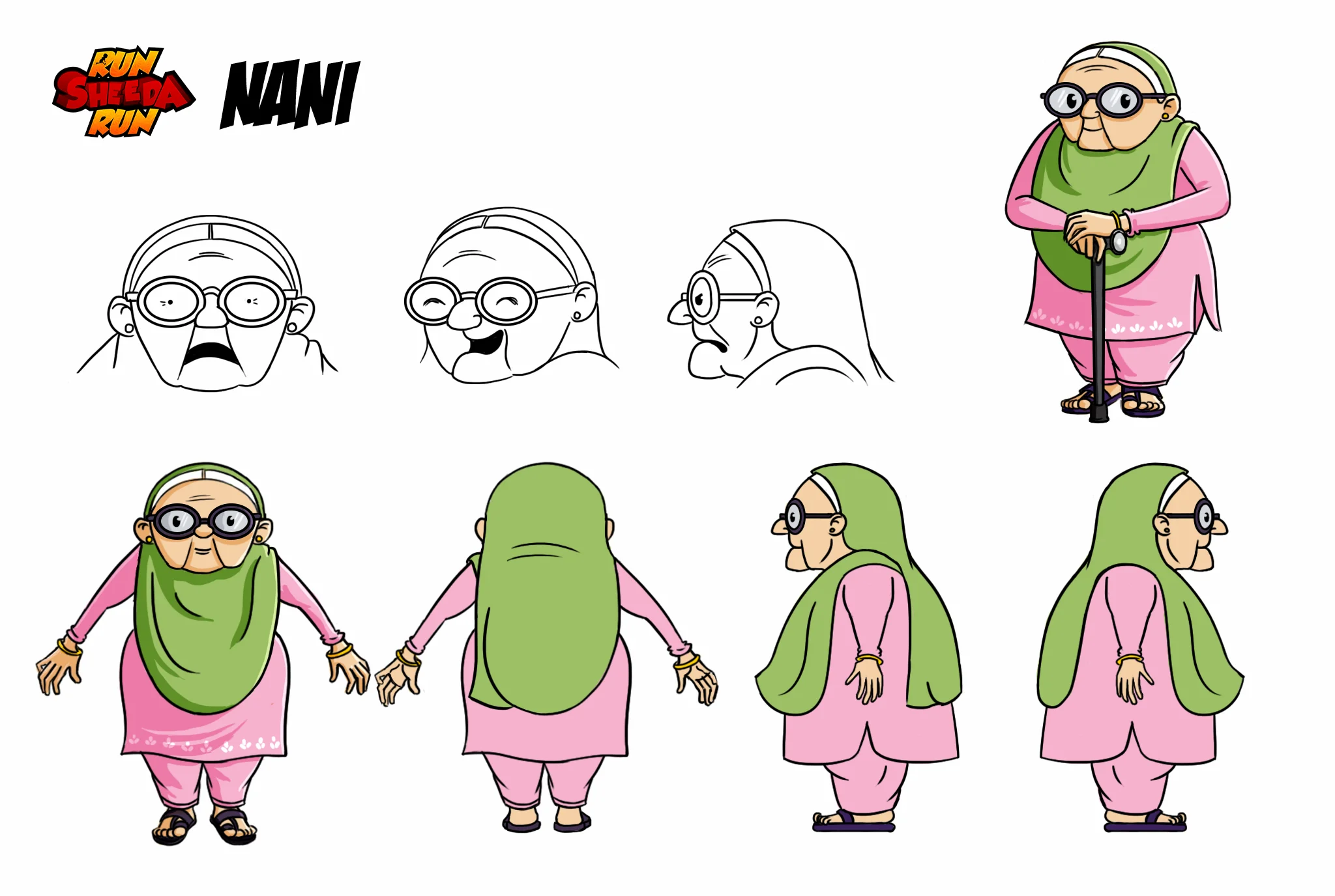 Character sheet of an elderly woman with glasses, green scarf, and pink traditional outfit in multiple poses and expressions.
