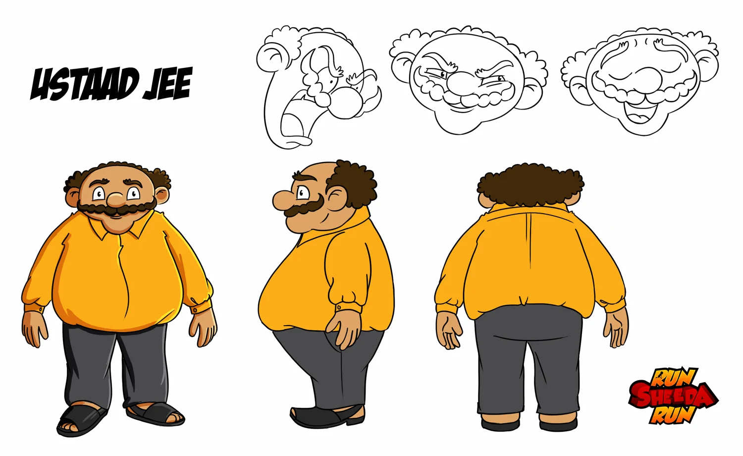 Cartoon character Ustaad Jee in front, side, back views with three facial expressions above.