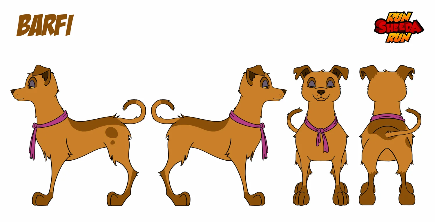 Character sheet of animated dog Barfi showing side, front, and back views with a purple scarf.