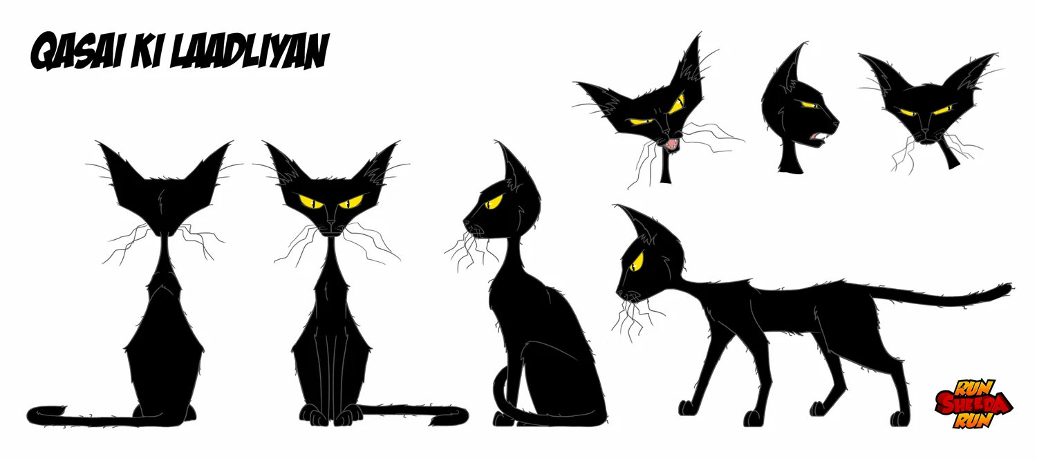 Black cat character with yellow eyes in different poses and facial expressions on white background.