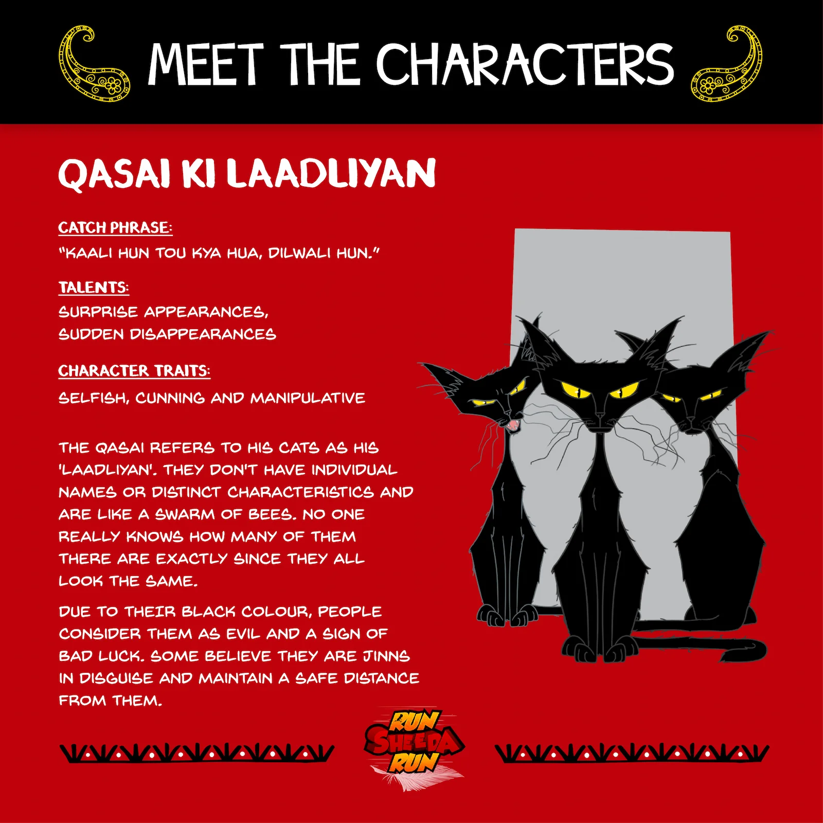 Three black cats with yellow eyes sitting together against a red background with character info text.