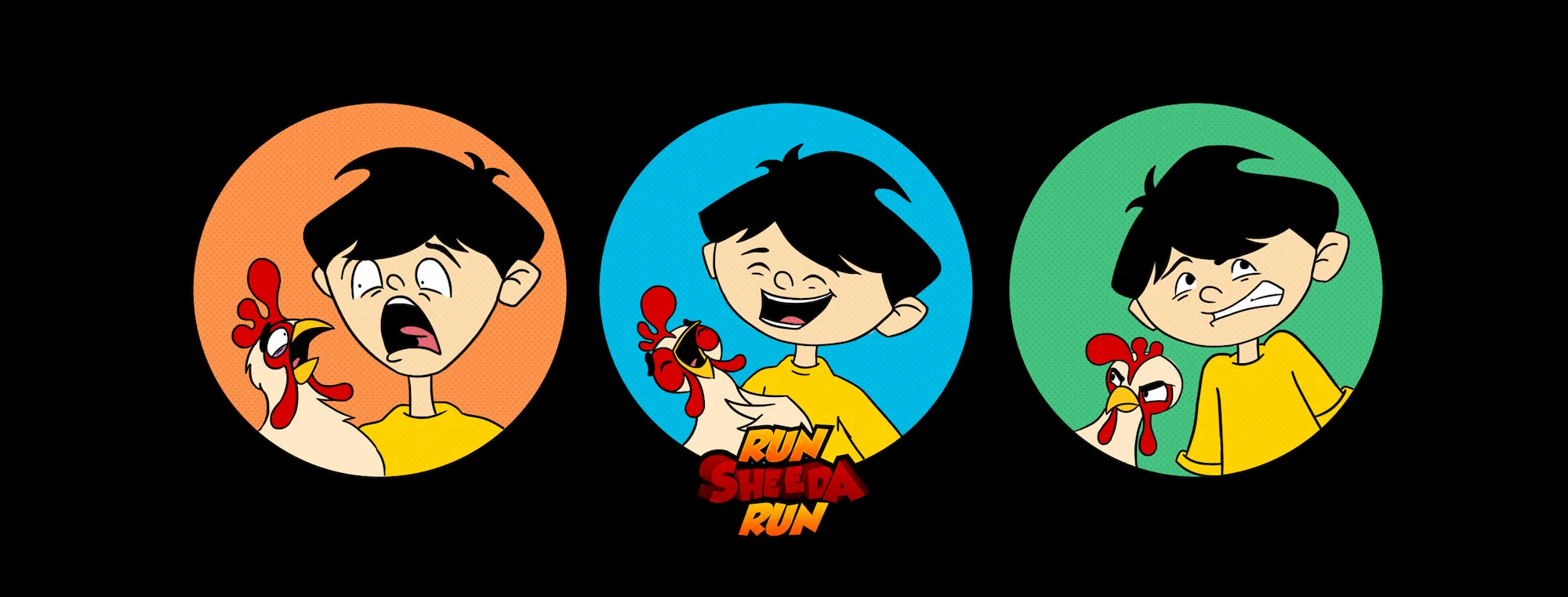 Three cartoon circles show a boy with a chicken, expressing shock, laughter, and frustration respectively.