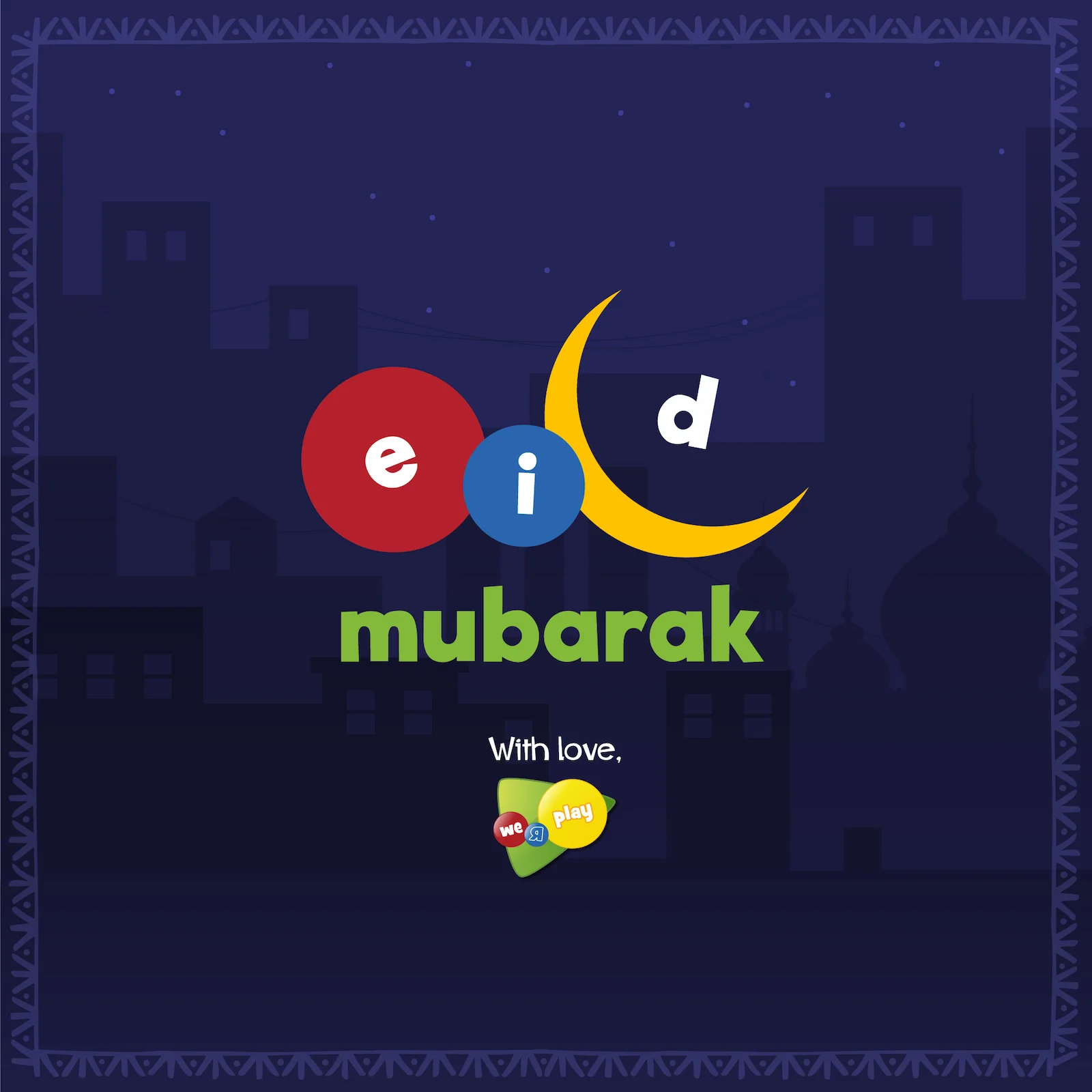 Eid Mubarak greeting with colorful letters, crescent moon, and nighttime city skyline background.