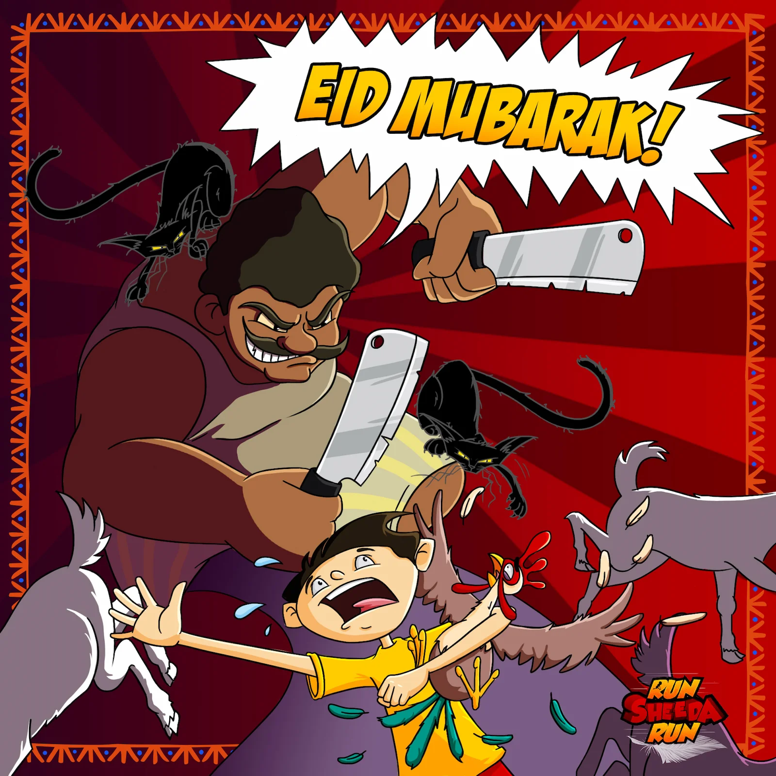 Angry man with cleavers chasing scared boy holding a chicken, surrounded by goats and cats, text says Eid Mubarak.