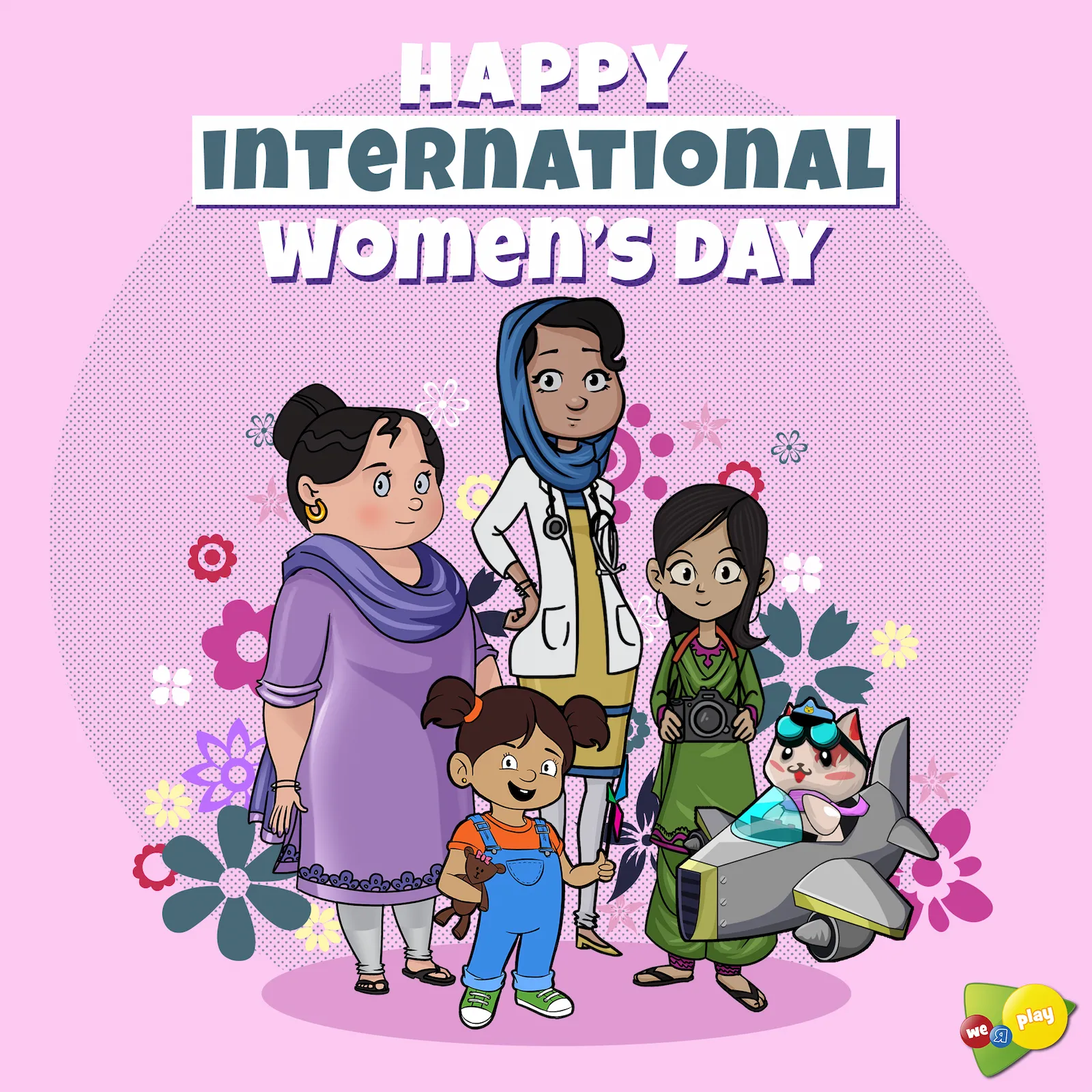 Cartoon group of diverse girls and women with text Happy International Women's Day on pink background.