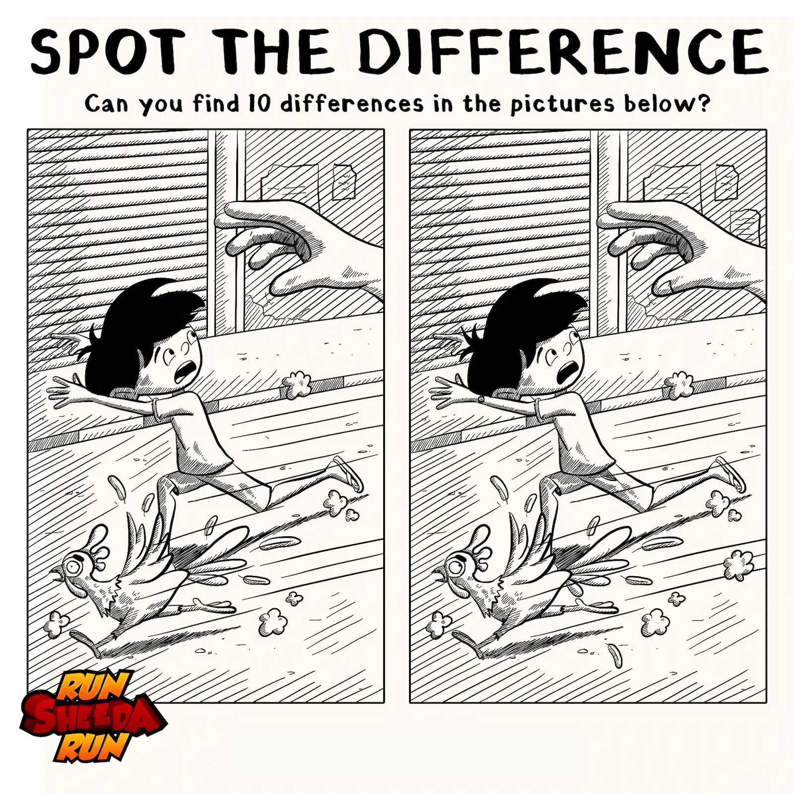 Black-and-white spot the difference puzzle with cartoon girl chasing a running chicken, a hand reaching in.