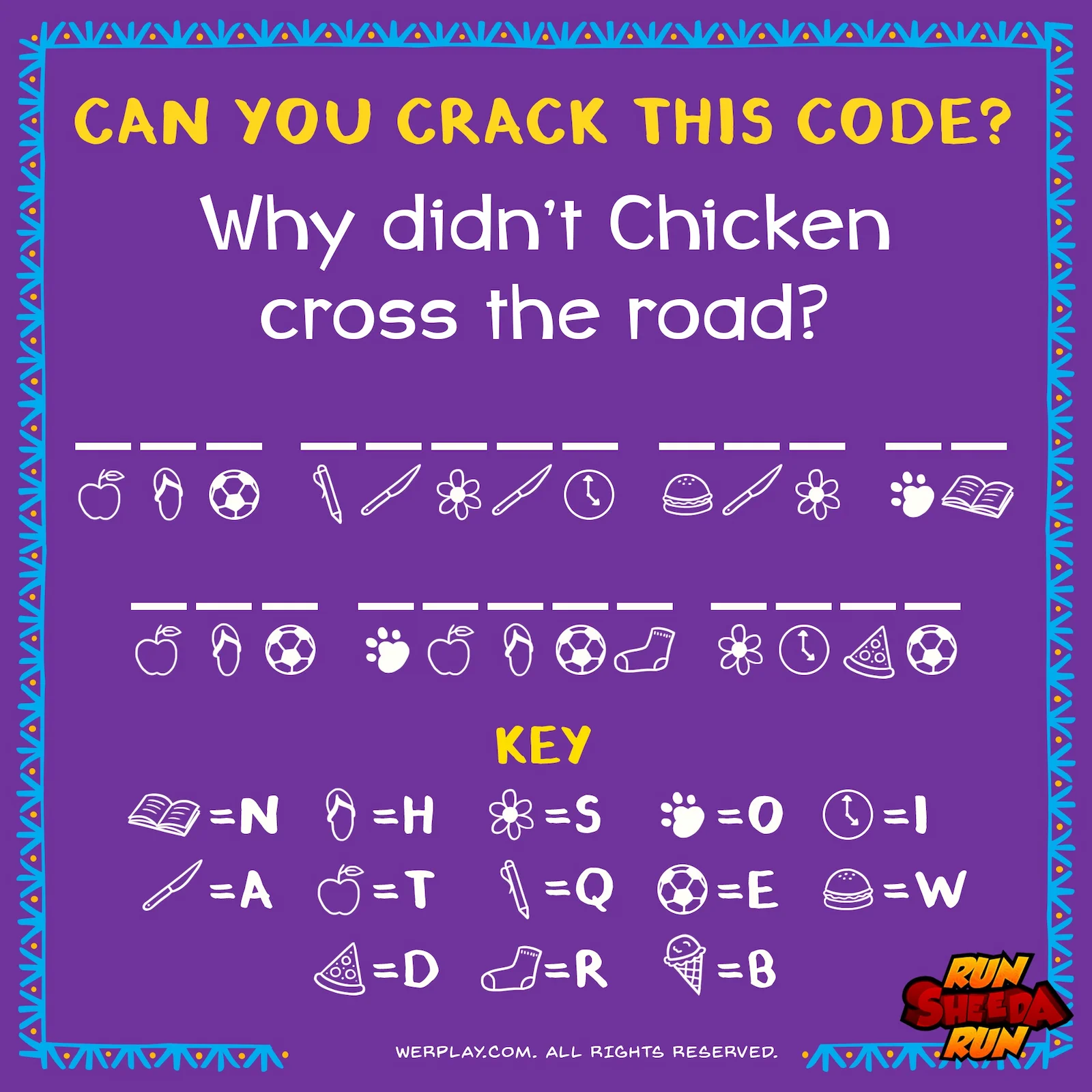 Puzzle asks why Chicken didn’t cross the road using symbols decoded by a key for letters.