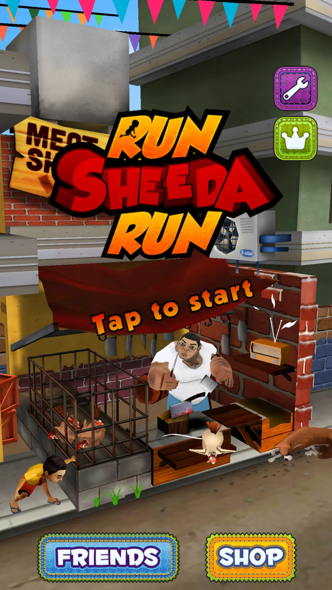 Game start screen with a butcher, caged chickens, a boy running, and buttons labeled Friends and Shop.