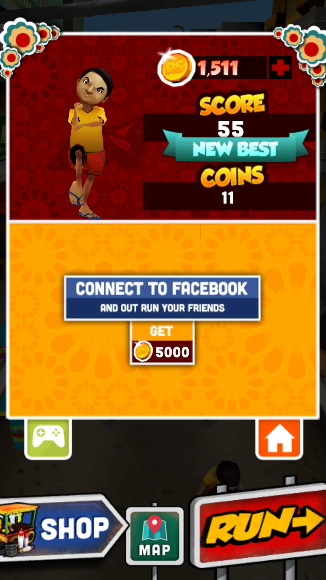 Game screen showing a character, score 55 new best, coins 11, and options to shop, map, and run.