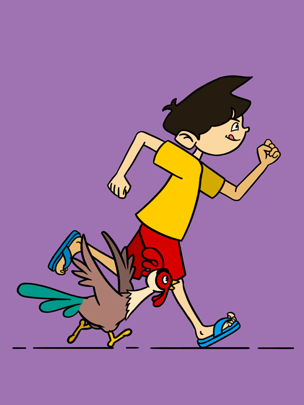 Animation of a boy in yellow shirt and red shorts running alongside a flapping chicken on a purple background.