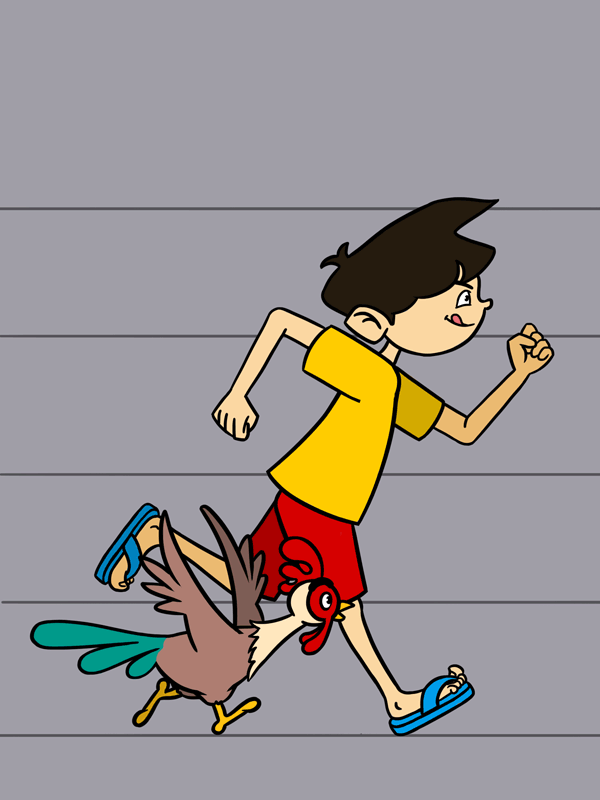 Animation of a boy in yellow shirt and red shorts running with a brown chicken on gray background.