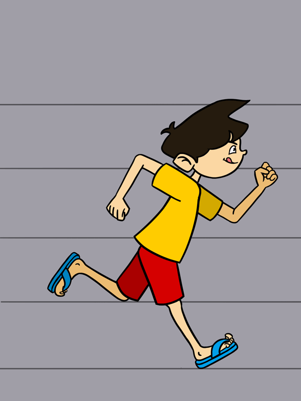Animation of a boy with black hair running wearing a yellow shirt, red shorts, and blue flip-flops.