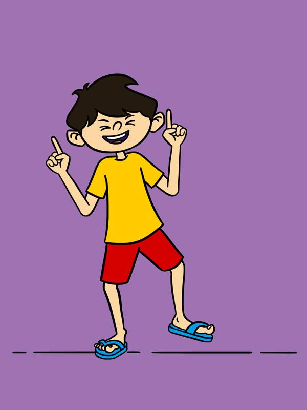 Animation of a boy smiling with eyes closed, wearing yellow shirt, red shorts, blue sandals, dancing on purple background.