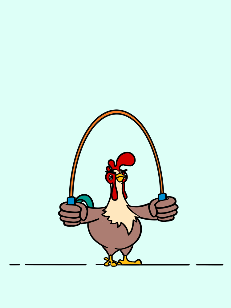 Animation of a rooster skipping rope with determined expression on light blue background.