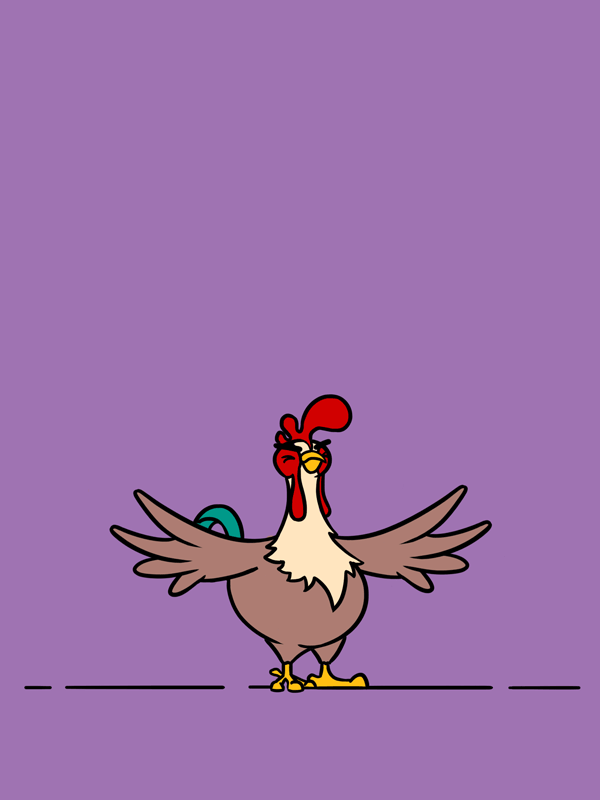 Animation of a chicken jumping and flapping its wings on a purple background.