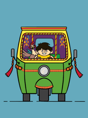 Animation of a boy and chicken riding a decorated green rickshaw on a blue background.
