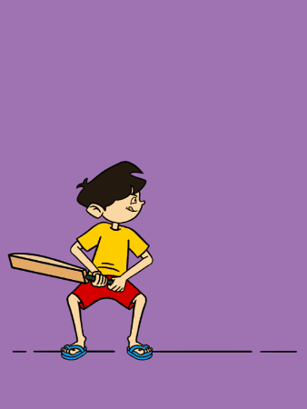 Animation of a boy in yellow shirt and red shorts holding a cricket bat and striking a red ball on purple background.