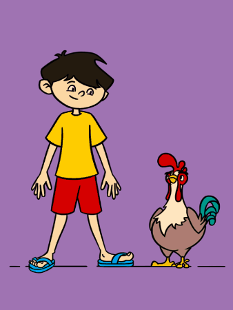 Animation of a boy in yellow shirt and red shorts standing beside a brown rooster on purple background waving hello.