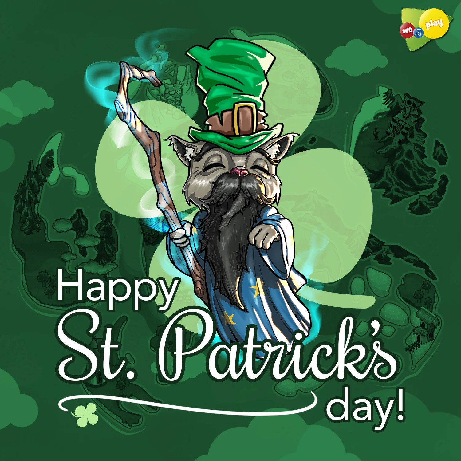 Cat wizard wearing green hat and robe with beard holding staff with Happy St. Patrick's Day text.