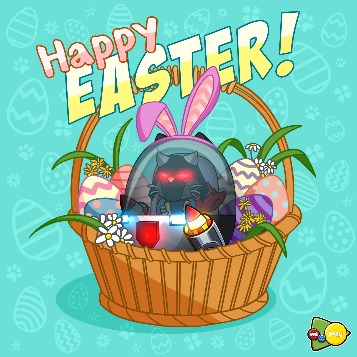 Basket with decorated Easter eggs, grass, flowers, and a robotic cat wearing bunny ears inside.
