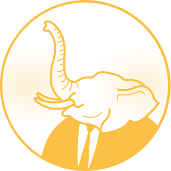 Stylized orange line art of a person wearing a suit and tie with a dinosaur head replacing the person's head, enclosed in a circle.