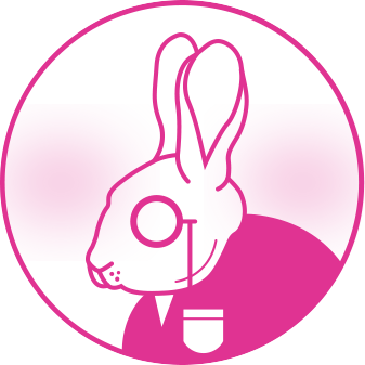 Minimalist pink line drawing of a rabbit's face inside a circle, showing long ears, whiskers, and a small nose.