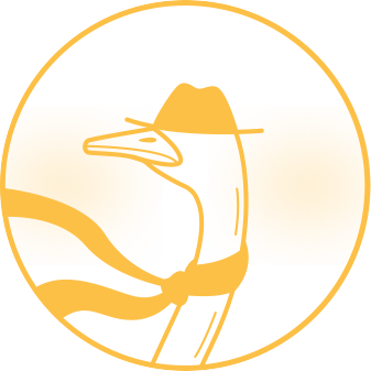 Stylized orange-yellow outline of a person tipping a wide-brimmed hat, framed within a circle on a transparent background.