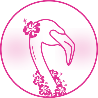 A decorative pink capital letter R inside two concentric circles, with floral designs weaving through the letter and circles.
