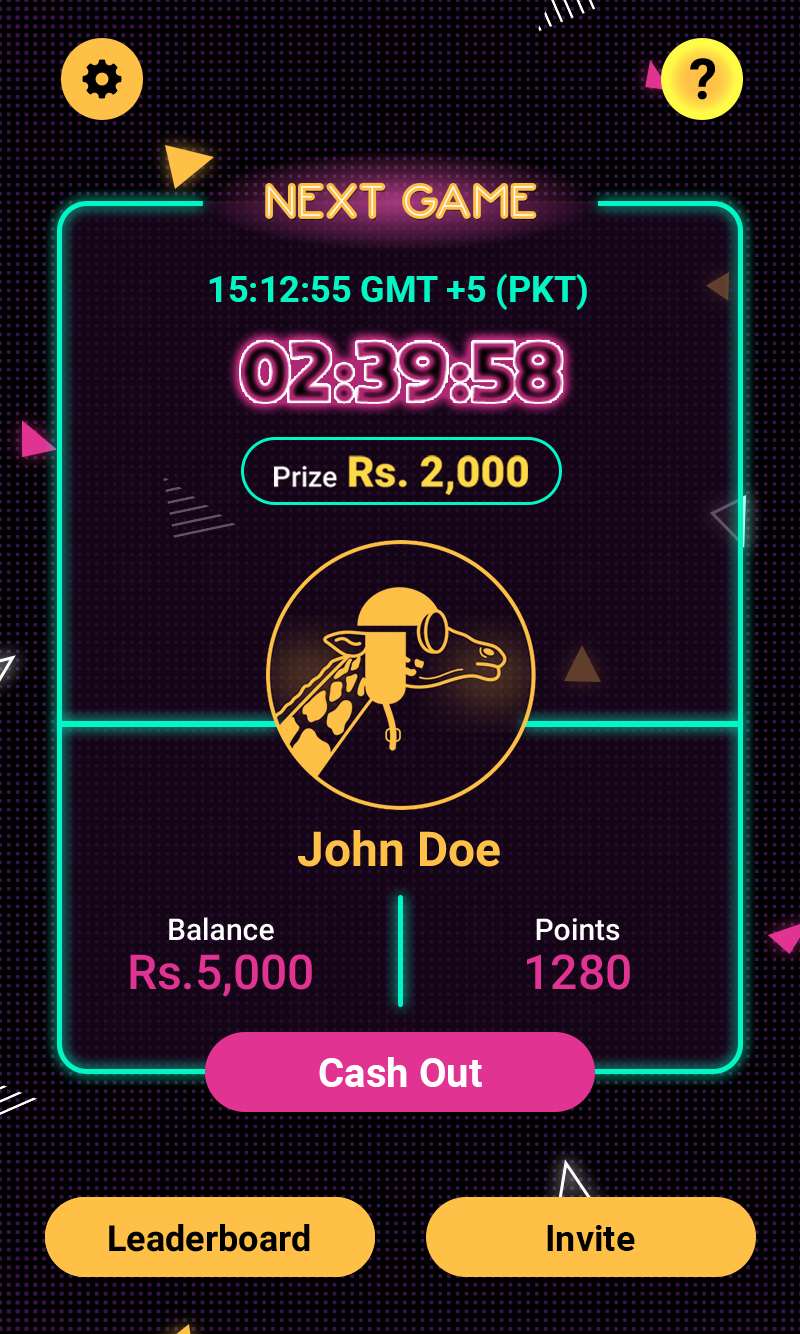 Game interface showing the next game countdown timer at 02:39:58 with a prize of Rs. 2,000 scheduled for 15:12:55 GMT +5 (PKT). Profile section with a yellow giraffe wearing goggles and a helmet, named John Doe. Balance displayed as Rs. 5,000 and points as 1280. Pink button labeled Cash Out below user info. At the bottom, two yellow buttons labeled Leaderboard and Invite. Settings icon on the top left and help icon with question mark on the top right. Background is dark with neon and geometric shapes.