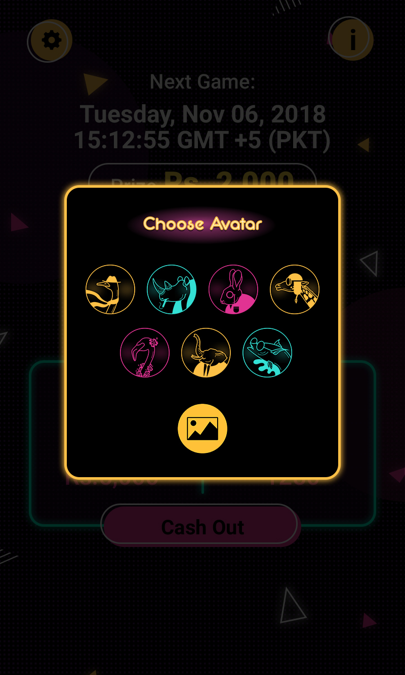 Game avatar selection screen with seven neon-outlined animal icons including a bird, rhinoceros, rabbit, giraffe, flamingo, elephant, and fish, plus an option to upload a custom image, displayed on a dark background with a glowing border and button labeled 'Cash Out'.