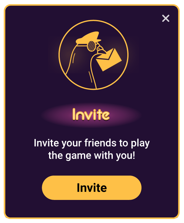Game invite popup with a stylized bird wearing a hat and monocle holding an envelope, text prompting to invite friends to play, and an orange Invite button on a dark purple background.