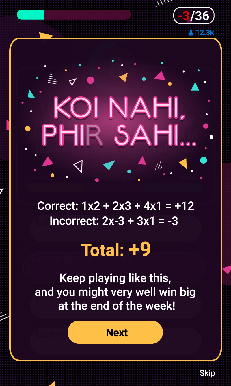 Game screen showing score summary with the phrase 'Koi Nahi, Phir Sahi...' in pink neon letters surrounded by colorful geometric shapes. Correct answers total +12, incorrect answers total -3, resulting in a final score of +9. Encouraging message below says 'Keep playing like this, and you might very well win big at the end of the week!' A progress bar, score -3/36, and a player count of 12.3k appear at the top. A yellow Next button is at the bottom center with a Skip option on the bottom right.