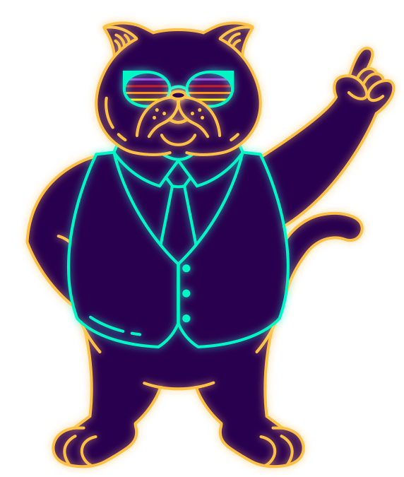 Illustration of a confident standing cat wearing striped sunglasses, a suit vest, and a tie, with one arm raised and finger pointing upward, outlined in neon colors with an orange glow.