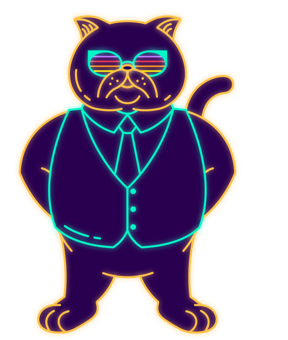 Stylized neon illustration of a confident cat standing upright wearing a suit, tie, and colorful striped sunglasses, outlined in glowing orange and cyan colors.