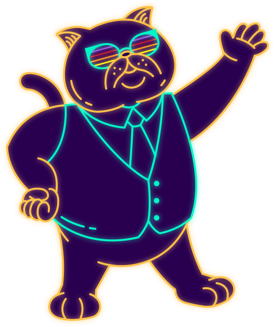 Neon-style illustration of a confident cat wearing sunglasses, a vest, and a tie, posing with one arm raised in a wave and the other on its hip, outlined in bright orange and cyan lines on a dark body.