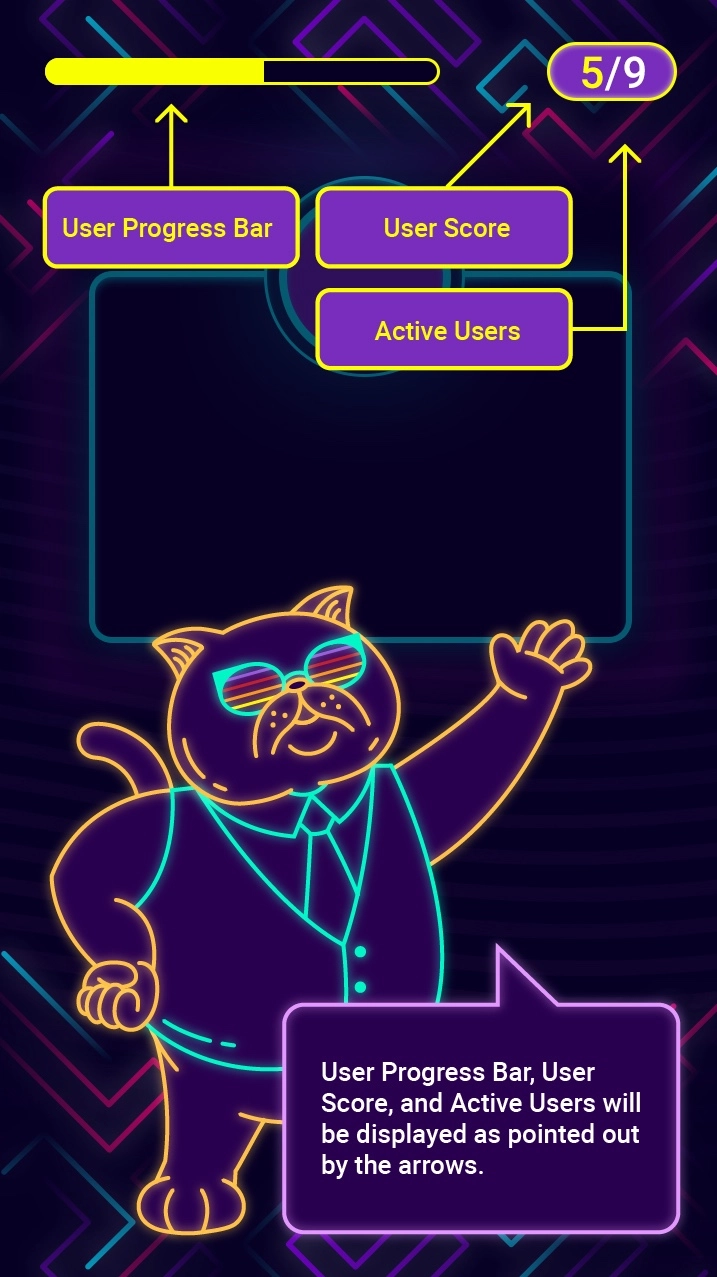 Neon-style illustration of a cat in sunglasses and a suit pointing to UI elements labeled 'User Progress Bar,' 'User Score,' and 'Active Users' with arrows. The progress bar is yellow and partially filled, and the user score shows 5/9. A speech bubble at the bottom right explains these elements will be displayed as pointed by the arrows.