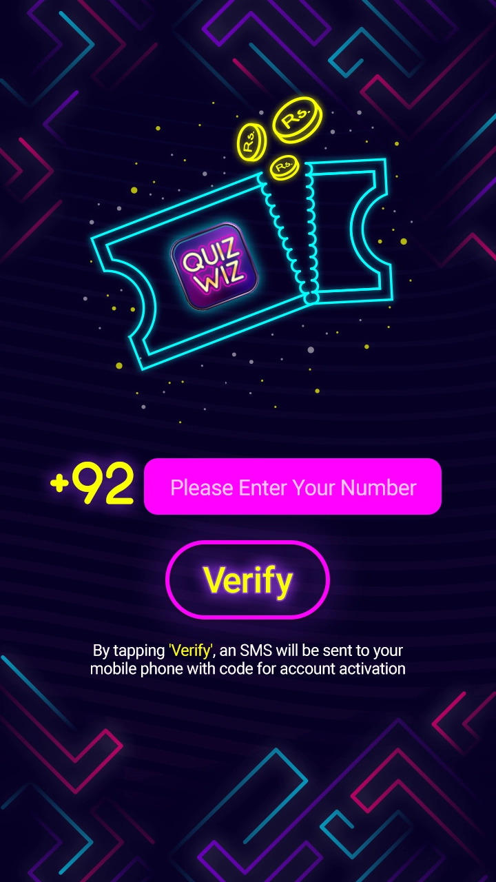 Neon-style mobile app sign-up screen featuring a floating ticket labeled 'Quiz Wiz' with rupee coins, a phone number input field with country code +92, a purple 'Verify' button, and prompt text about SMS verification.