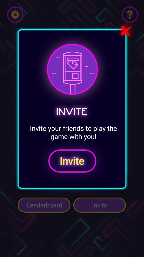 Neon-lit game screen pop-up with an icon of a mailbox, the heading 'INVITE,' prompt to invite friends to play, and a glowing purple and yellow 'Invite' button, with a red close icon in the top right corner.