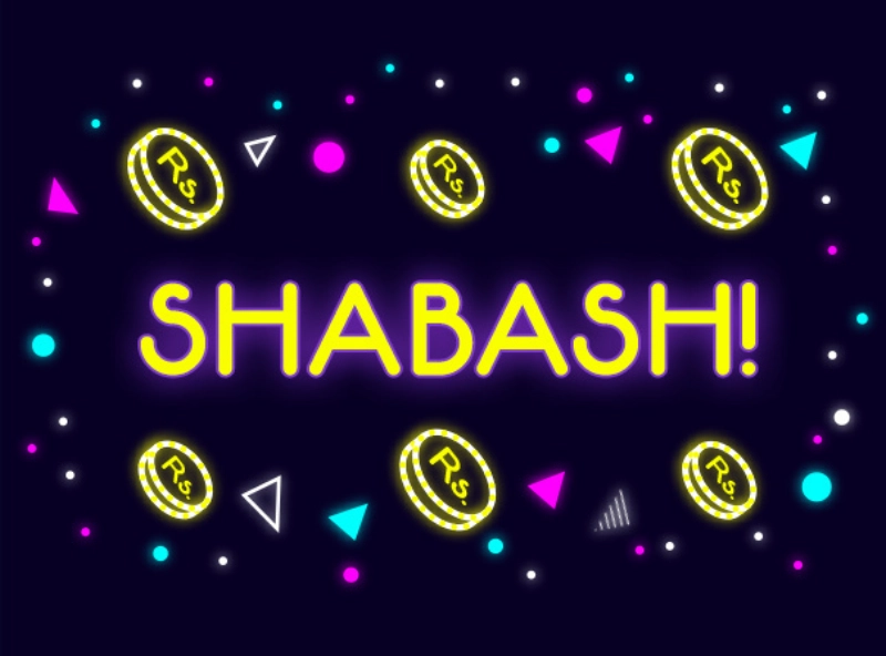 The word 'SHABASH!' in bright yellow surrounded by glowing yellow coins marked with the Indian Rupee symbol and colorful geometric shapes on a dark background.