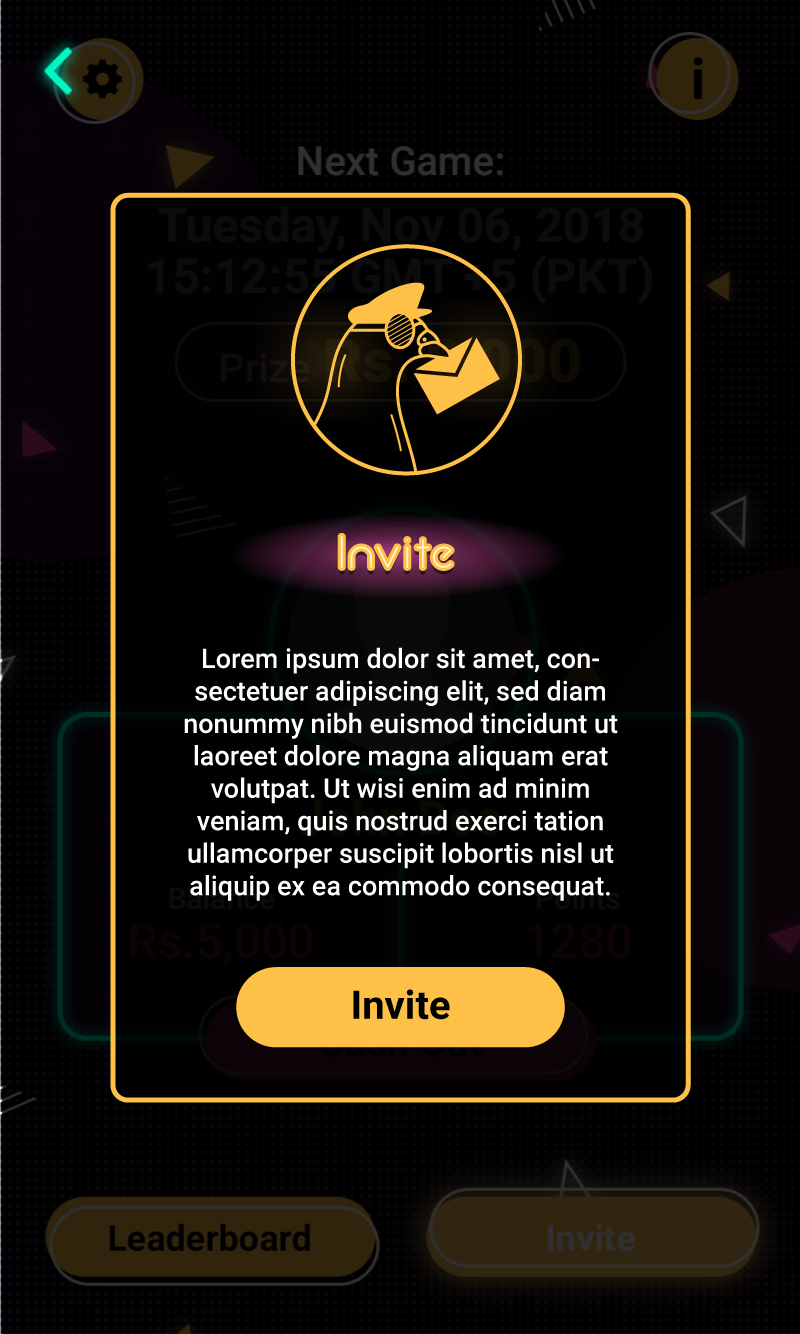 Game invite popup with an orange outline featuring an icon of a person holding an envelope. The text heading reads 'Invite' above placeholder Latin text. Below is an orange button labeled 'Invite'. The background shows dimmed game details including next game date, prize, balance, points, and buttons for leaderboard and invite.