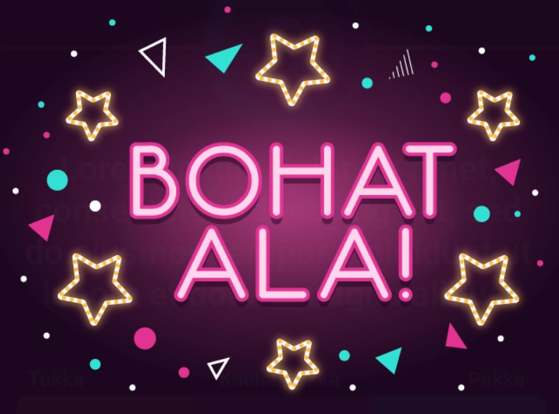 Neon pink text saying 'BOHAT ALA!' surrounded by illuminated star shapes and colorful geometric confetti on a dark purple background.