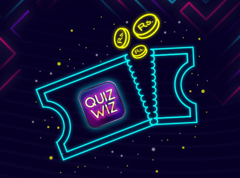 Neon-style illustration of two blue tickets with torn edges and the Quiz Wiz logo on one ticket, with yellow coins marked Rs. flying upwards against a dark background with scattered yellow and gray dots.