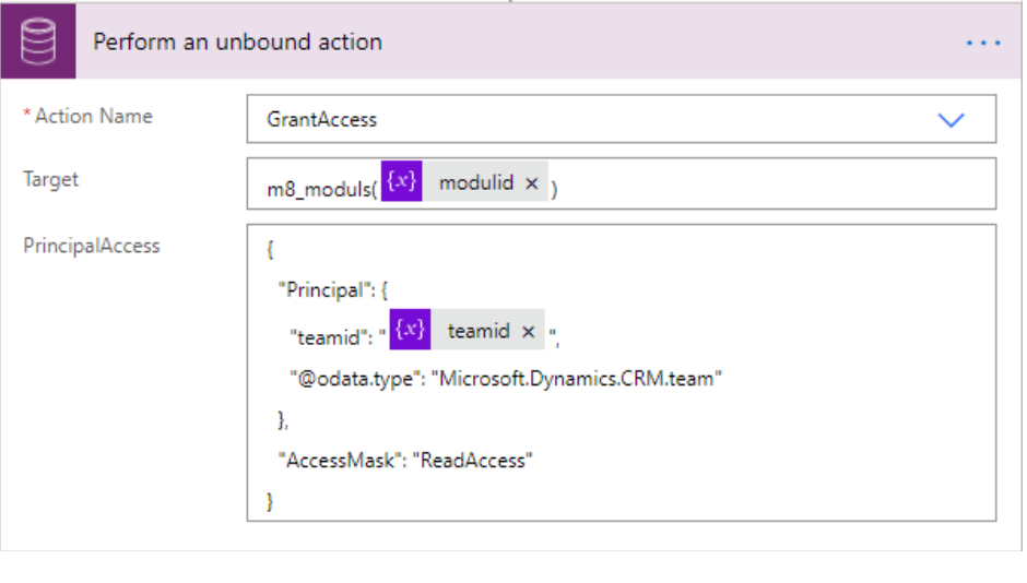 Screenshot der 'GrantAccess'-Aktion in Power Automate. Diese Konfiguration zeigt, wie einem 'teamid' (Team) die 'AccessMask' 'ReadAccess' (Leserecht) für einen Datensatz der 'm8_moduls'-Tabelle erteilt wird.